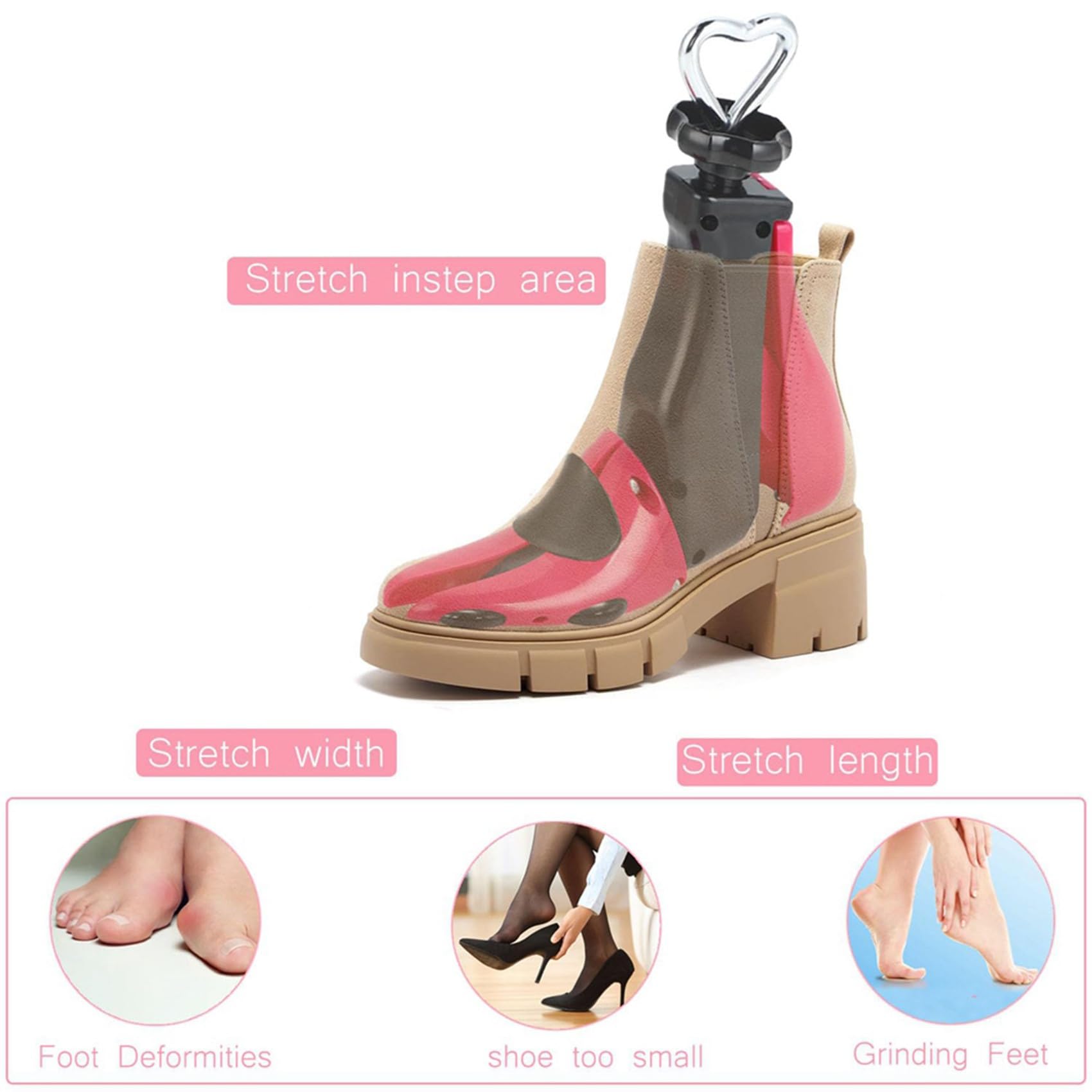 2X Ensanchador de Zapatos para Botas para Hombres, Expansor de Hormas para Mujeres, y Elástico, Botas Unisex Ajustables con Pies Anchos Rosa