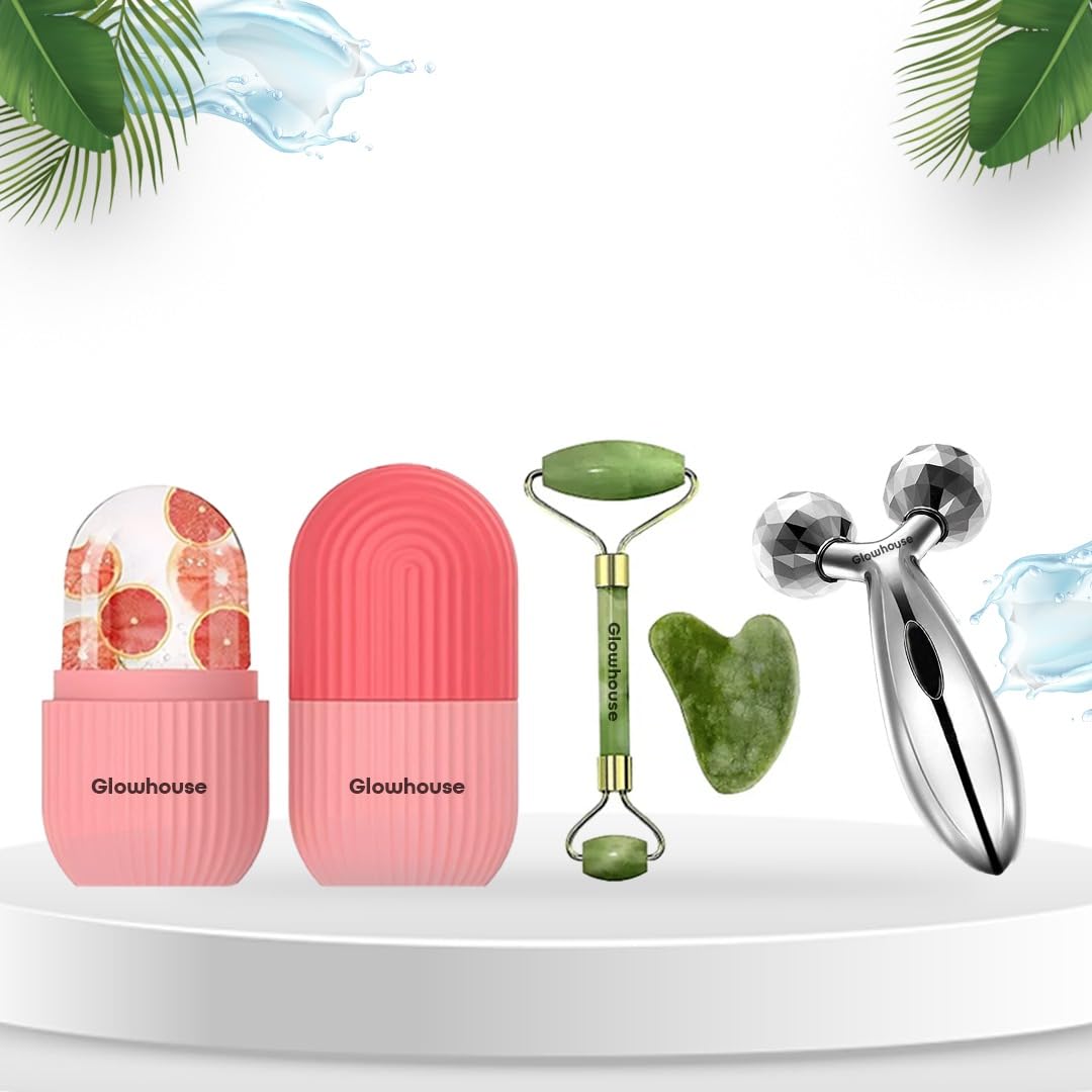 Glowhouse 3D Manual Face Body Massager with face stone jade roller massager with gua sha stone ice roller facial roller 100% natural stone jade roller for skin eye neck body ice cube roller women men