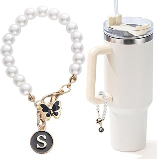Letter Charm for Stanley Cup，Pearl Chain Accessories Stanley Cup Initial Charms for Handle Stuff Decor Water Bottle Jewelry Tumbler Cute Personalized Name ID Decorations Black Tag (S)