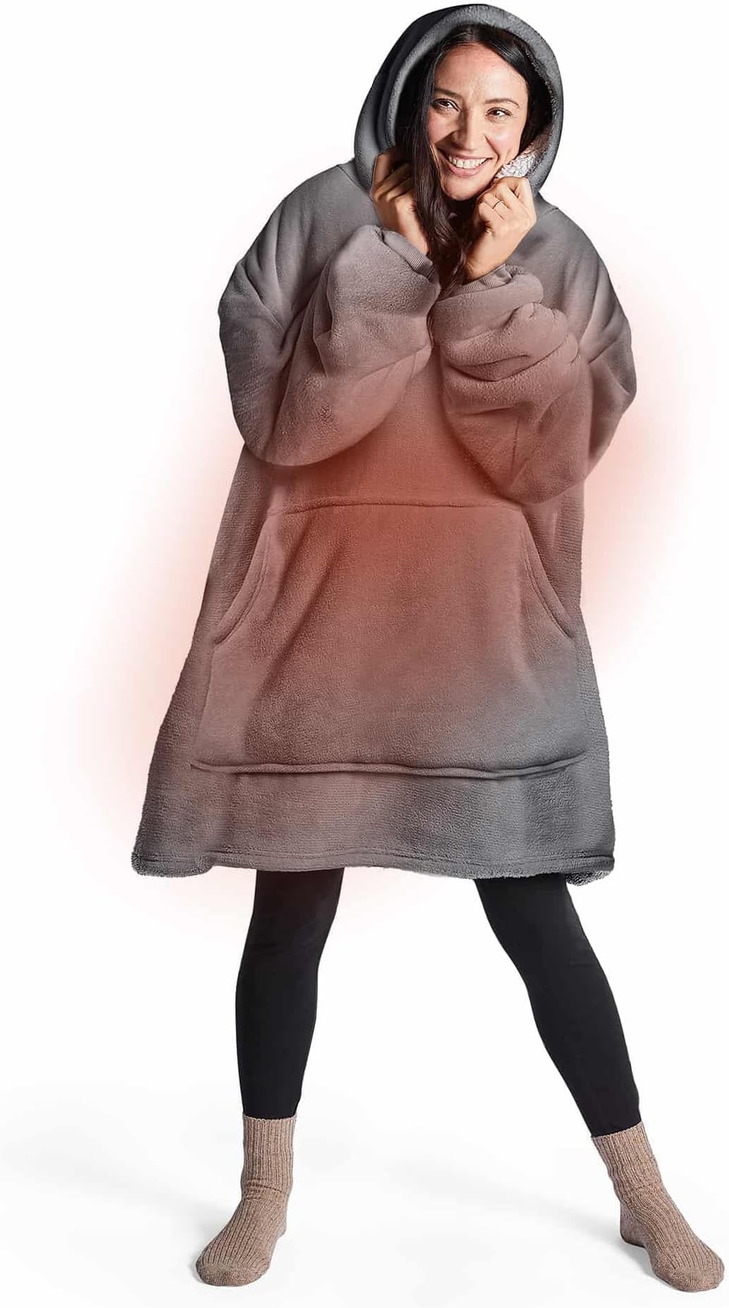 Silentnight Heat Genie Self Heating Oversized Hoodie - Soft Sherpa Fleece Hoodie with Unique Foil Layer to Retain Heat - Warm Cosy Hooded Giant Wearable Blanket Hoody Throw - Grey
