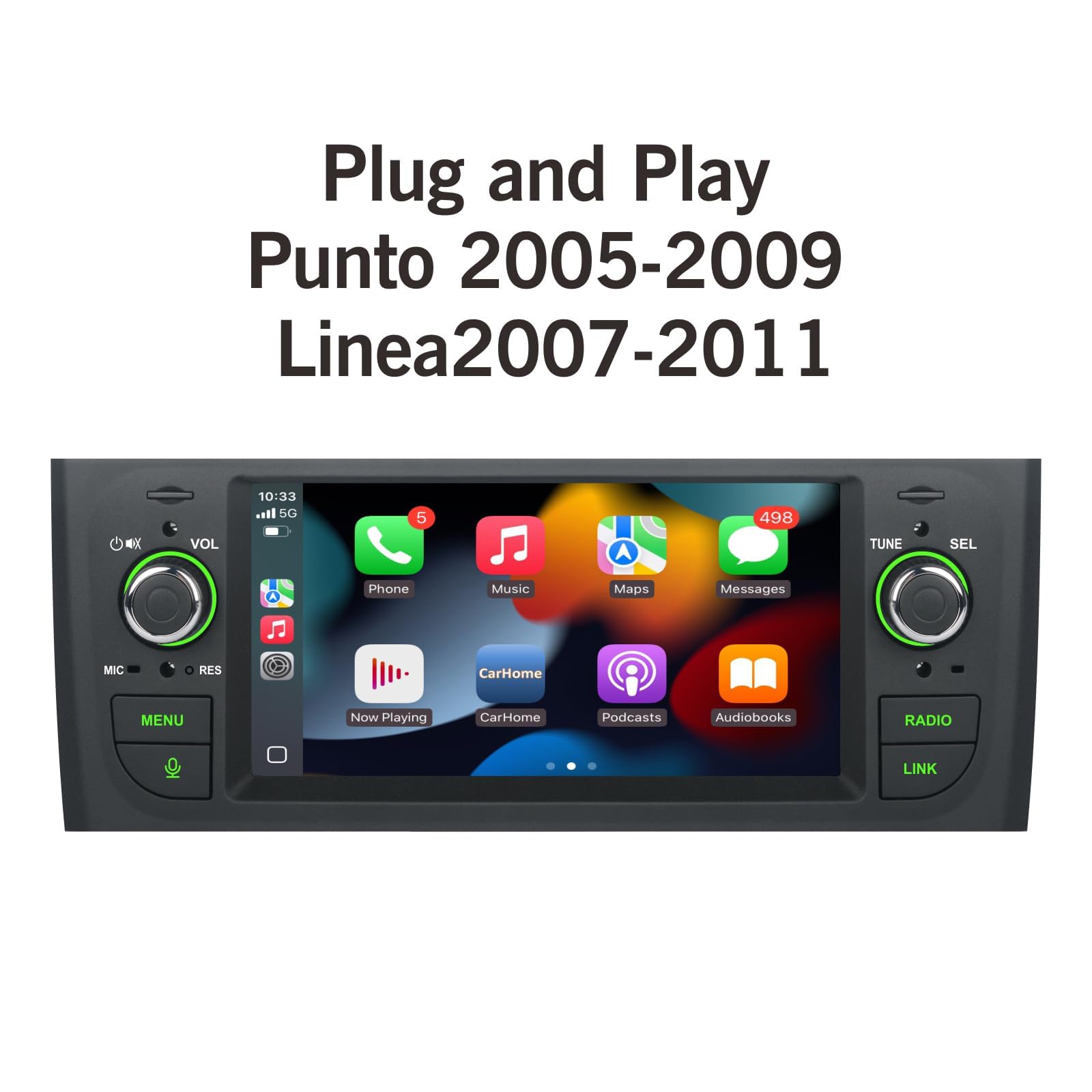 Bluetooth con Inalámbrico CarPlay Android Auto Pantalla para Fiat Punto 2005-2009 Fiat Linea 2007-2011 Radio Coche