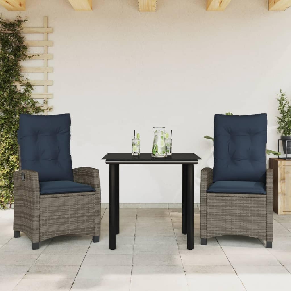 vidaXL 3pc Gray Poly Rattan Patio Dining Set with Adjustable Chairs & Tempered Glass Tabletop - Comfortable Navy Blue Cushions