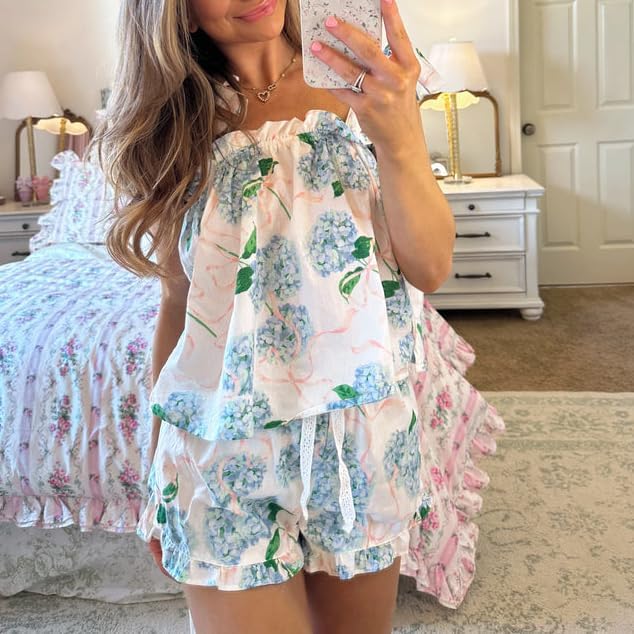 Women Floral Tie Shoulder Pajama Set Ruffle Trim Babydoll Tank Top Shorts Sets 2 Piece Cute Y2k Pj Sleepwear - Image 2