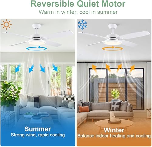 Miniatura 3 de SNJ Ventilador de techo blanco con luz, ventiladores de techo de 52 pulgadas con luces y control remoto, ventiladores modernos para dormitorio
