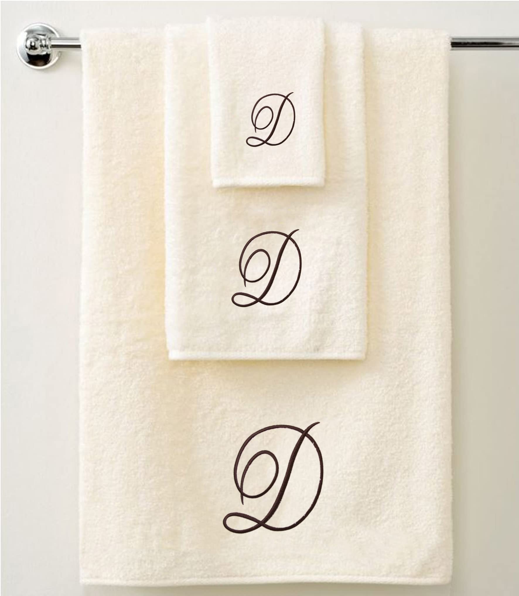 QCS Personalised Embroidered 3 Piece Towel Set in Brown Script 100% Cotton 600 GSM 1 Bath Towels, 1 Hand Towels and 1 Guest Towels (IvoryBrown 'D')