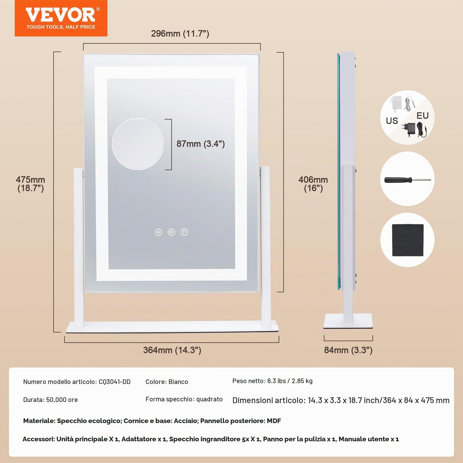 VEVOR Specchio per Trucco Illuminato con Lampadine LED Specchio per Trucco 3 Modalità di Illuminazione a Colori con Specchio Ingranditore 5X Rimovibile Controllo a Tocco Rotazione a 360°, 406x296mm