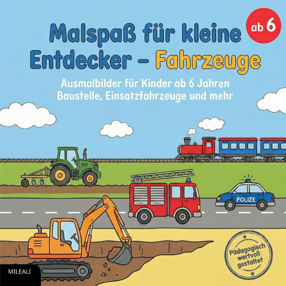 Malspaß für kleine Entdecker – Fahrzeuge: Ausmalbilder für Kinder ab 6 Jahren | Baustelle, Einsatzfahrzeuge und mehr