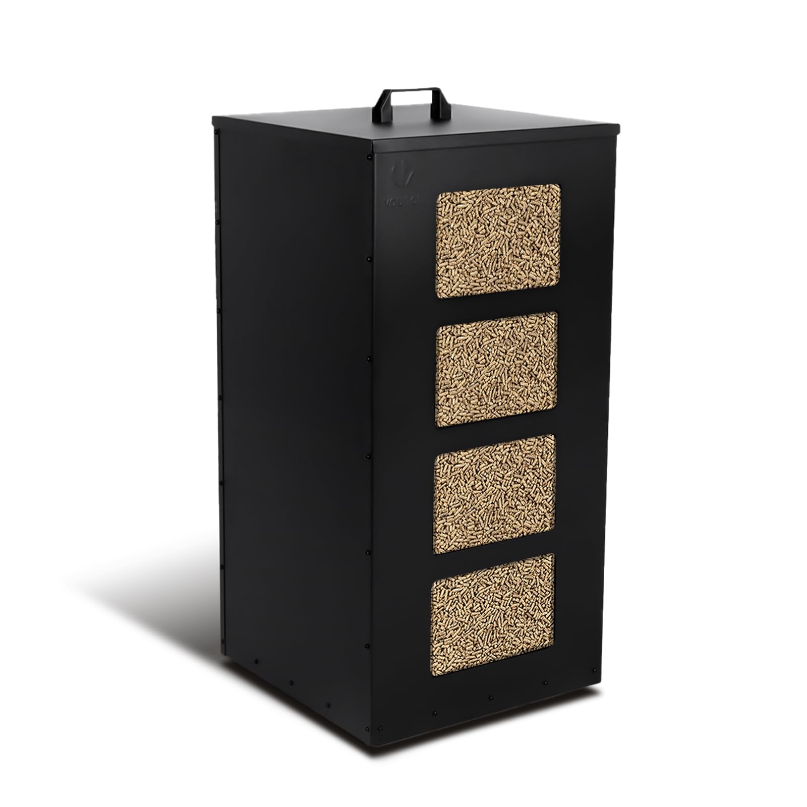 VOUNOT® Porta Pellet da Interno in Metallo con Ruote da 45 kg, Contenitore Pellet con Setaccio Rimovibile e 4 Indicatori Trasparenti di Livello, Scatola per Stufa a Pellet, 36×36×76 cm, Nero