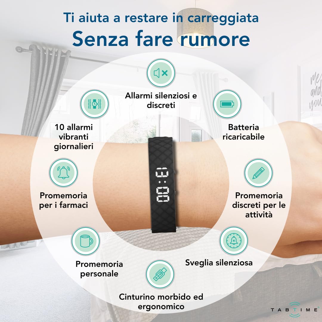 TabTime Bracciale con Allarme a Vibrazione – Sveglia Silenziosa da Polso per Adulti e Bambini – fino a 10 Promemoria Personali o per Assunzione di Pillole al Giorno