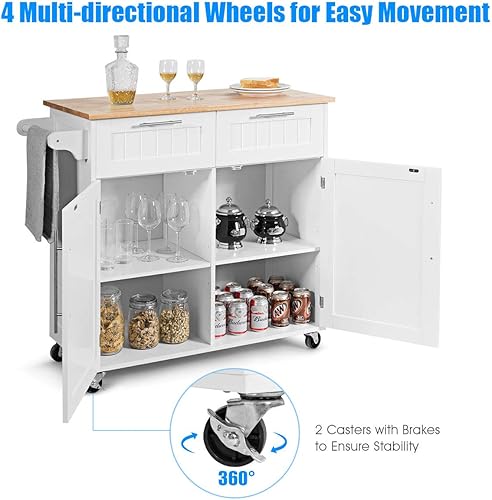 Miniatura 7 de SILKYDRY Isla de cocina con almacenamiento, carrito de almacenamiento de cocina con estantes ajustables, parte superior de madera de goma, toallero,