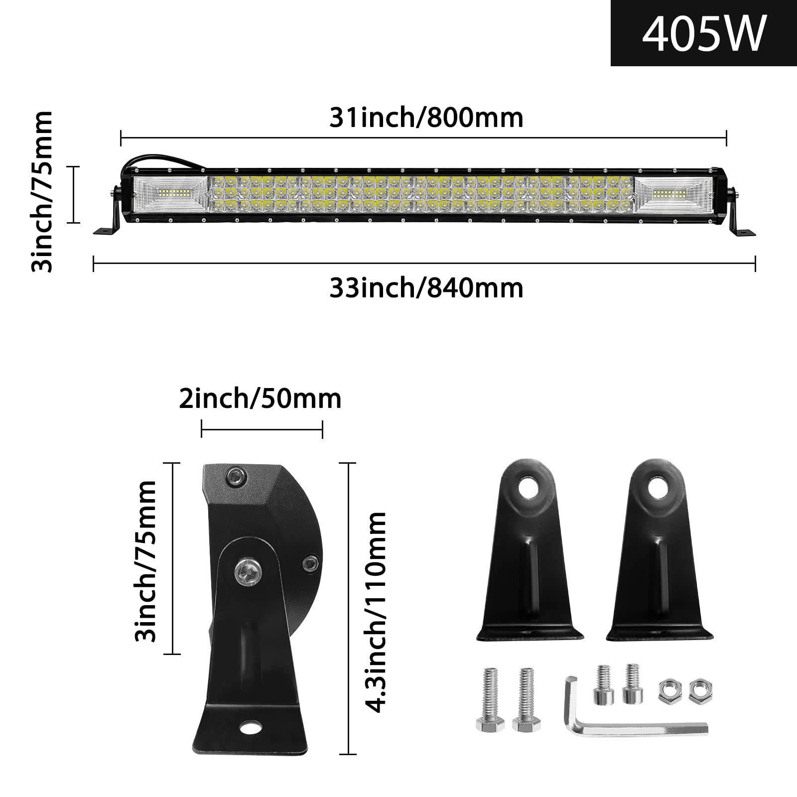 Froadp 405W LED Barra de Luces de Trabajo, Faros de Coche, IP67 Luz Auxiliar Impermeable Fila, Dispositivo de Iluminación Adicionales Seguras y que Ahorran Energía para SUV LKW UTV(800x75x50mm)