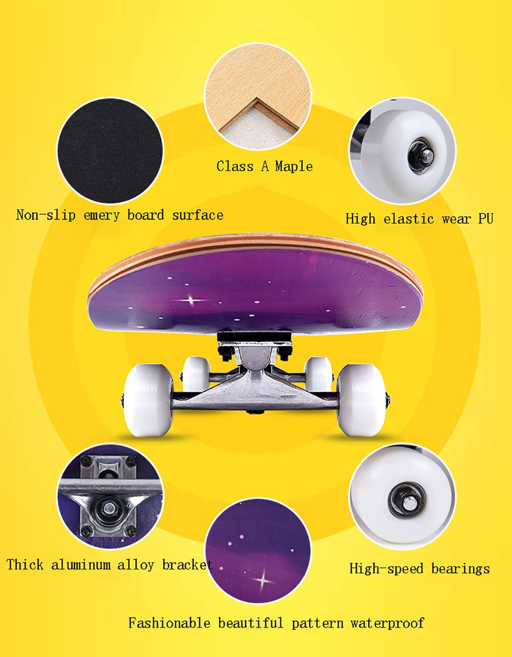 Tabla de Skate Retro, Skateboard Completo,APEC-7Mute Rodamientos +Alta Velocidad PU Rueda 7Capas Arce Tabla de monopatín, para Adolescentes Adultos Chicas Muchachos Niños