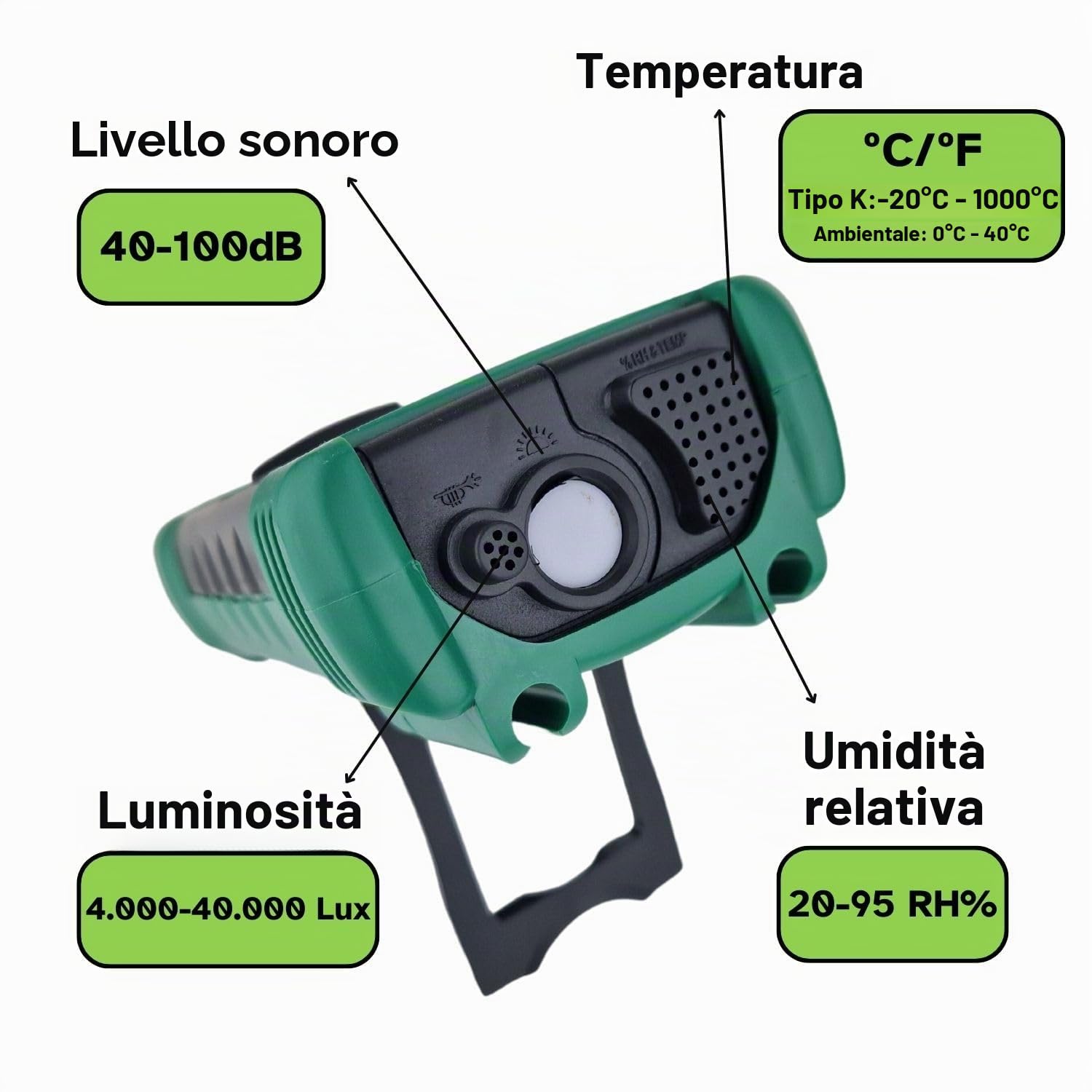 MT490 Multimetro digitale con temperatura, umidità, dB e luminosità. | Misure tensione AC/DC 600V Corrente AC/DC 10A, ideale per verifiche, manutenzione e diagnostica.