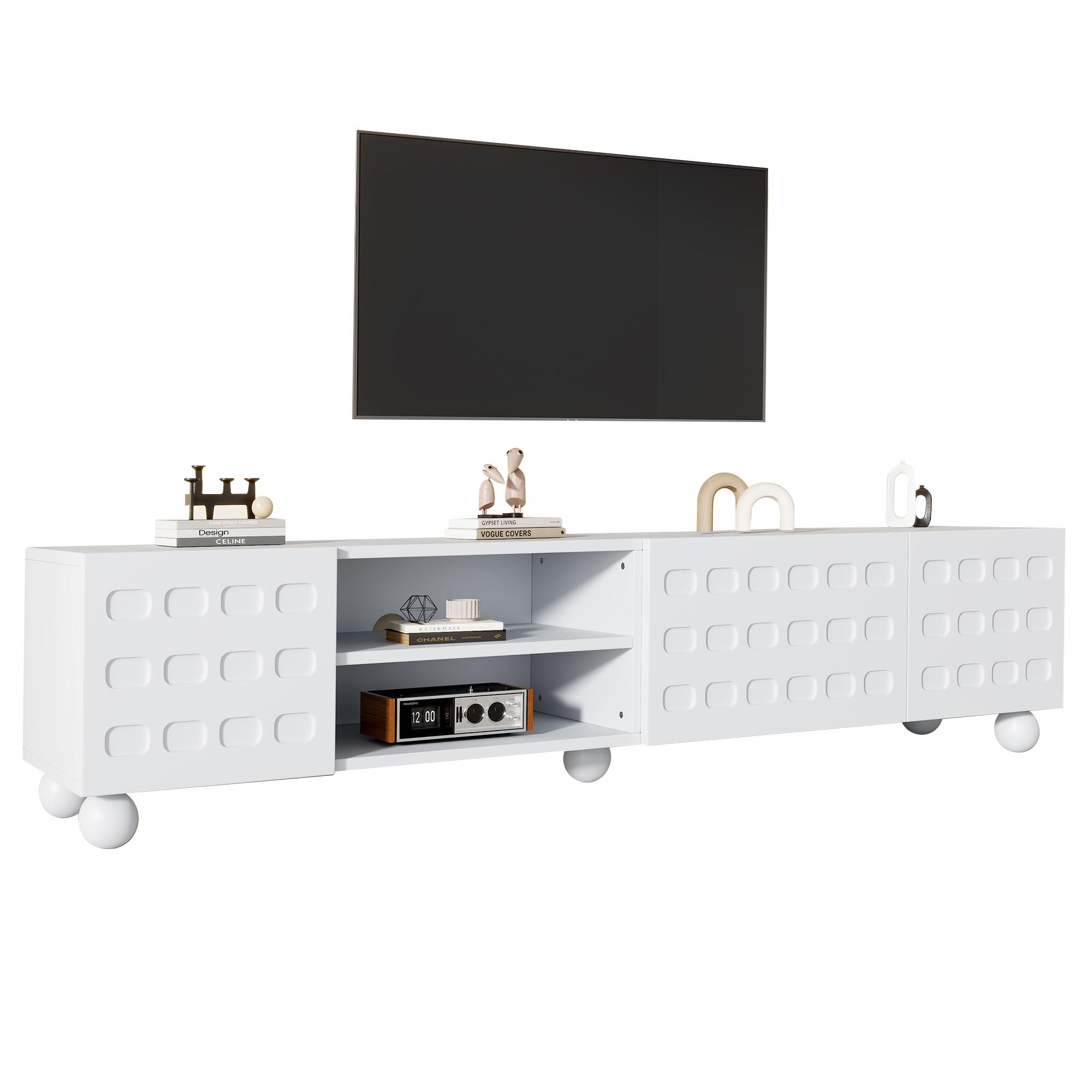 Meuble TV blanc de 200 cm avec design imprimé et 5 pieds, 200 cm de large, avec beaucoup d'espace de rangement, stable et moderne