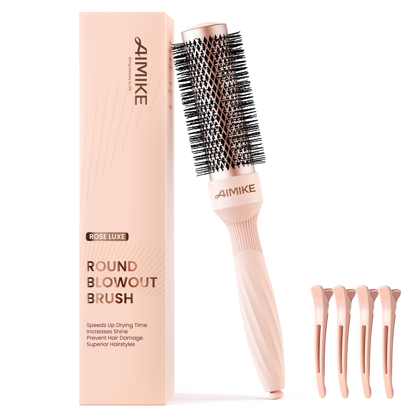 AIMIKE Round Brush for Blow Out, Rose Luxe Small Round Hair Brush w/Nano Thermal Ceramic Tech, for Blow Drying & Styling Volumizing Short Hair, with 4 Clips (Barrel 1.3", Bristle 2.1")