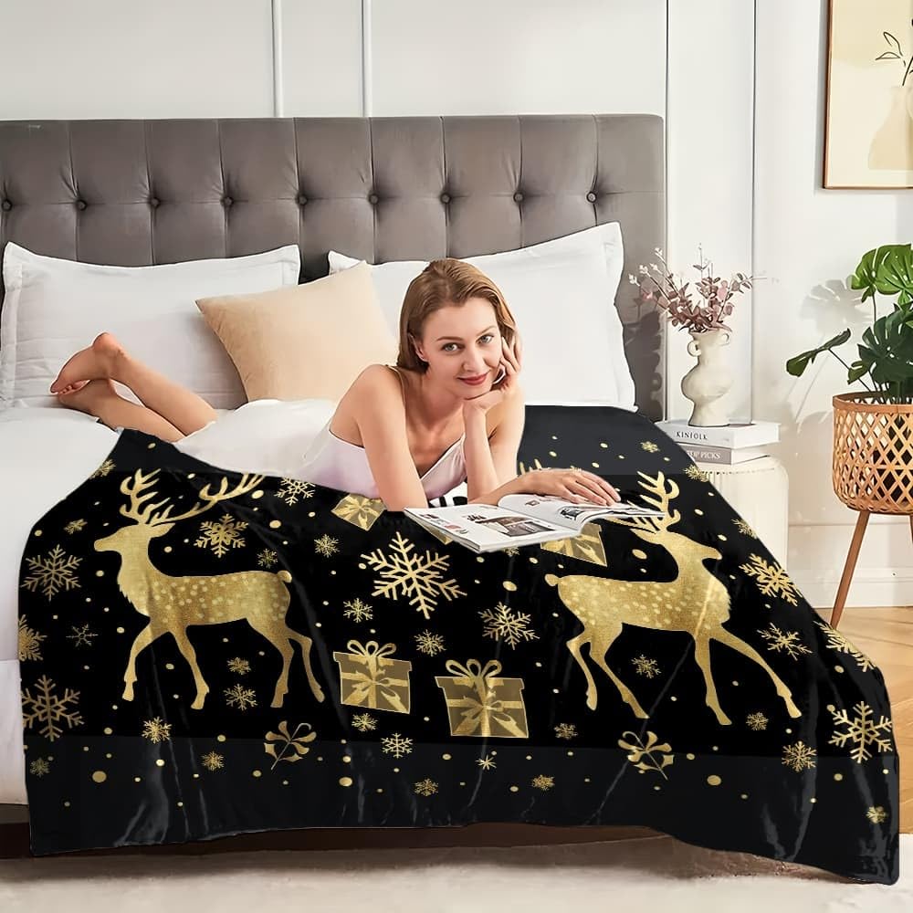 Generico Coperta Plaid Pile 180x200 cm XXL Renna Dorata A Tema Natalizio per Letto Singolo Calda Accogliente e Spessa in Morbido Velluto Nero Coperta Calda per Letto, Divano, Sedia e Divano