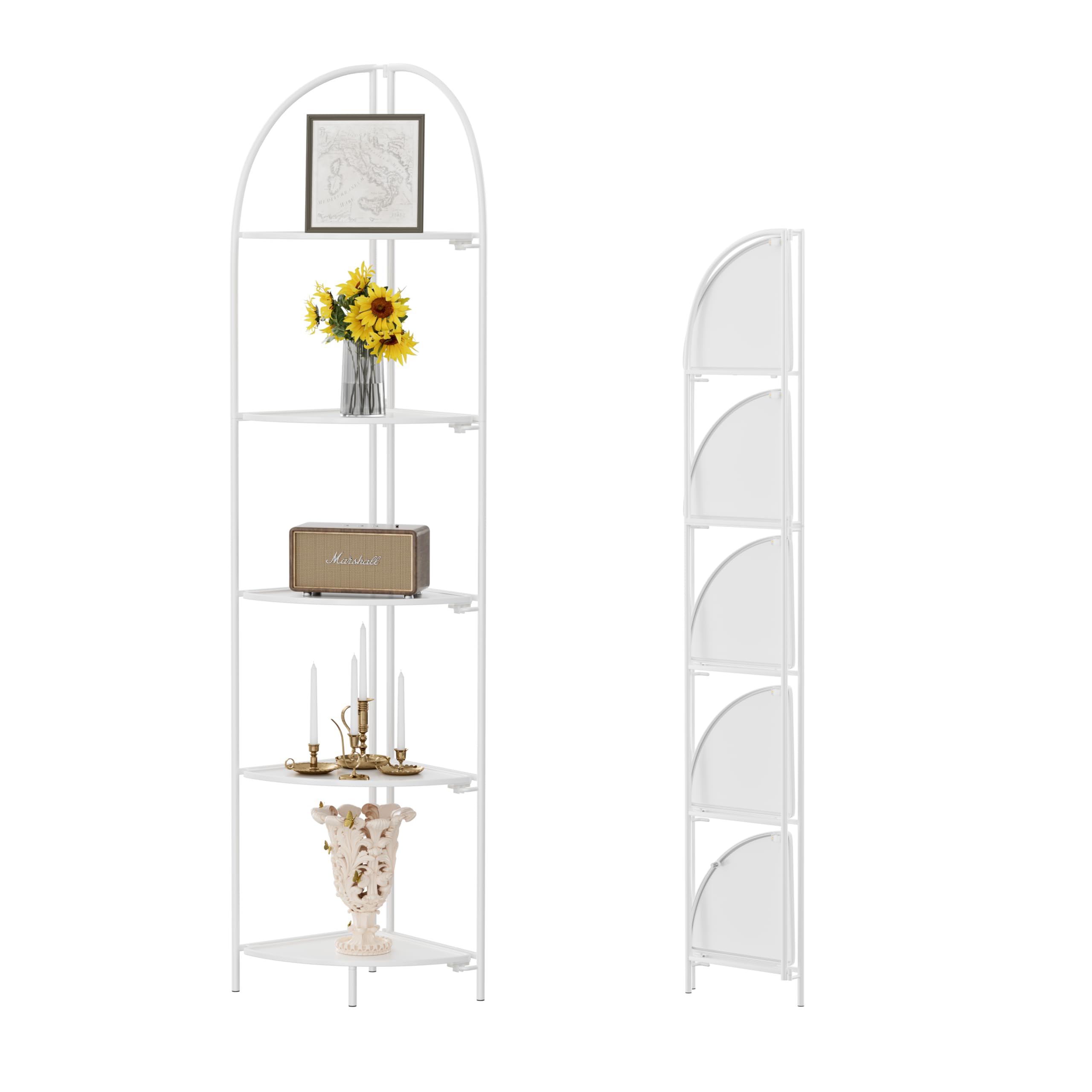 Crofy Foldable 5 Tier Corner Shelf, Metal Corner Plant Stand with White Frame and White Shelves, Corner Display Rack Multipurpose Shelving Unit for
