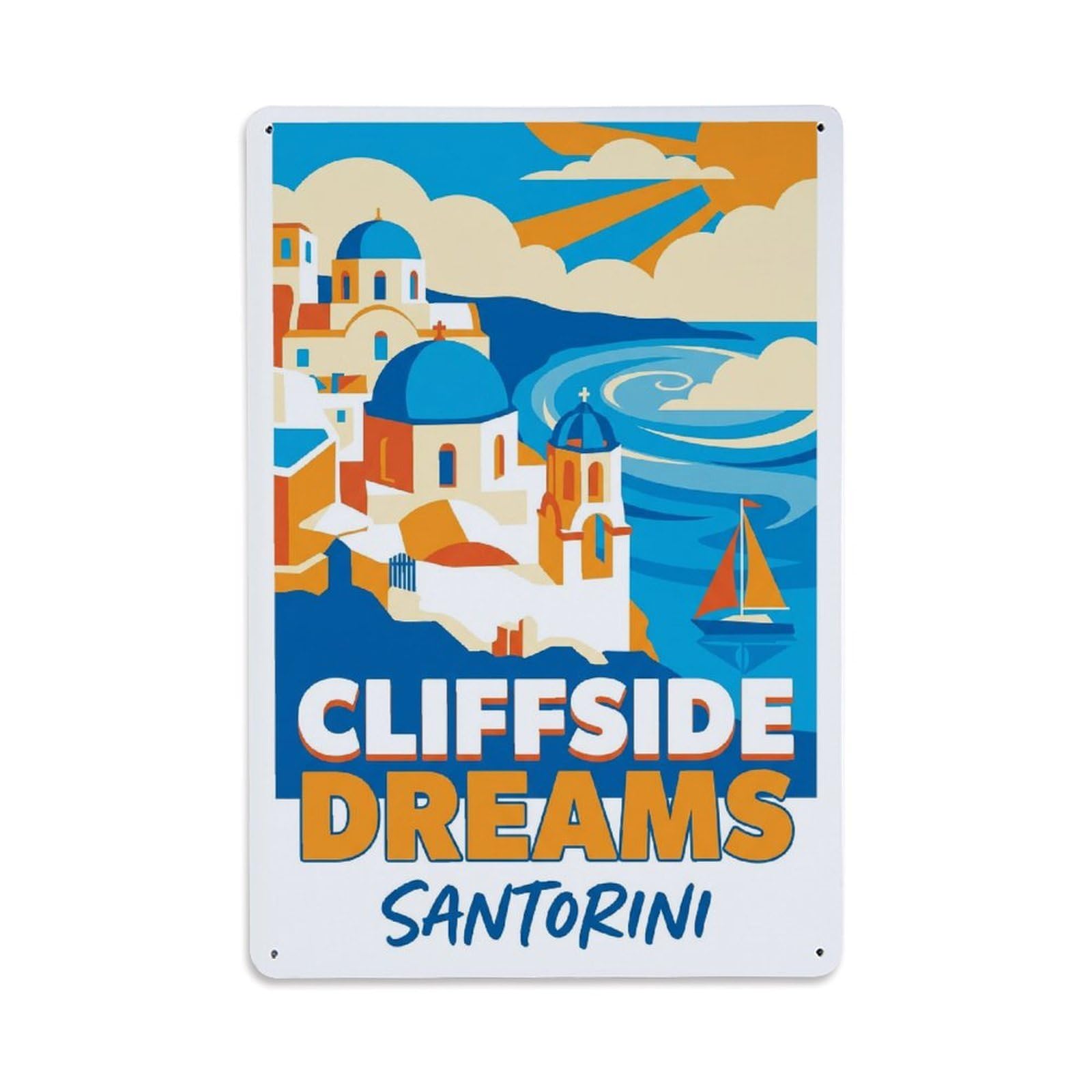 Gead 8X12inch Style Vintage Travel Santorini Cliffside Dreams Metal Tin Sign