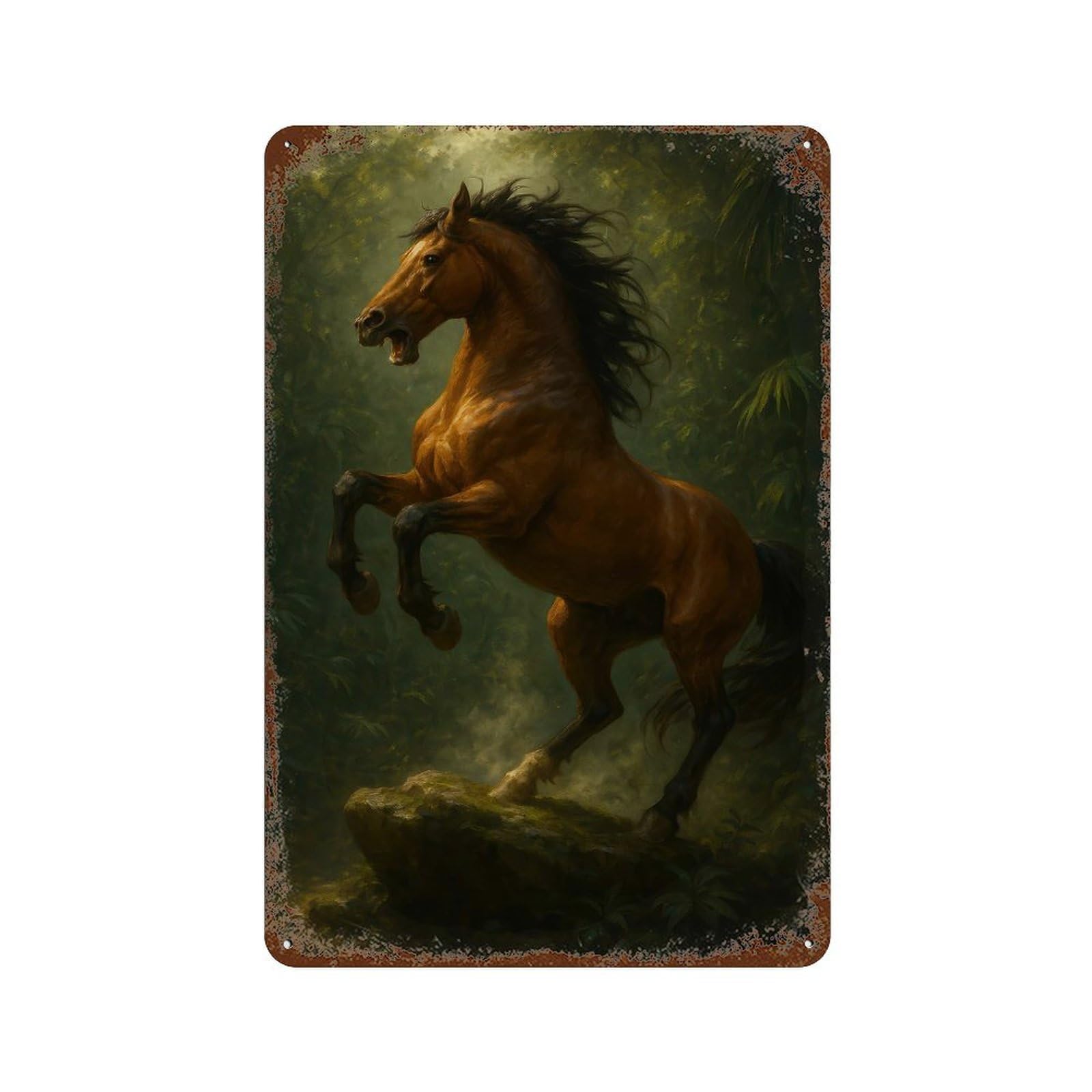 Majestic Horse Rearing in Forest Distressed Metal Wall Sign 11.8"x7.9", Rustic Home Decor for Living Room, Hallway And Home Decor