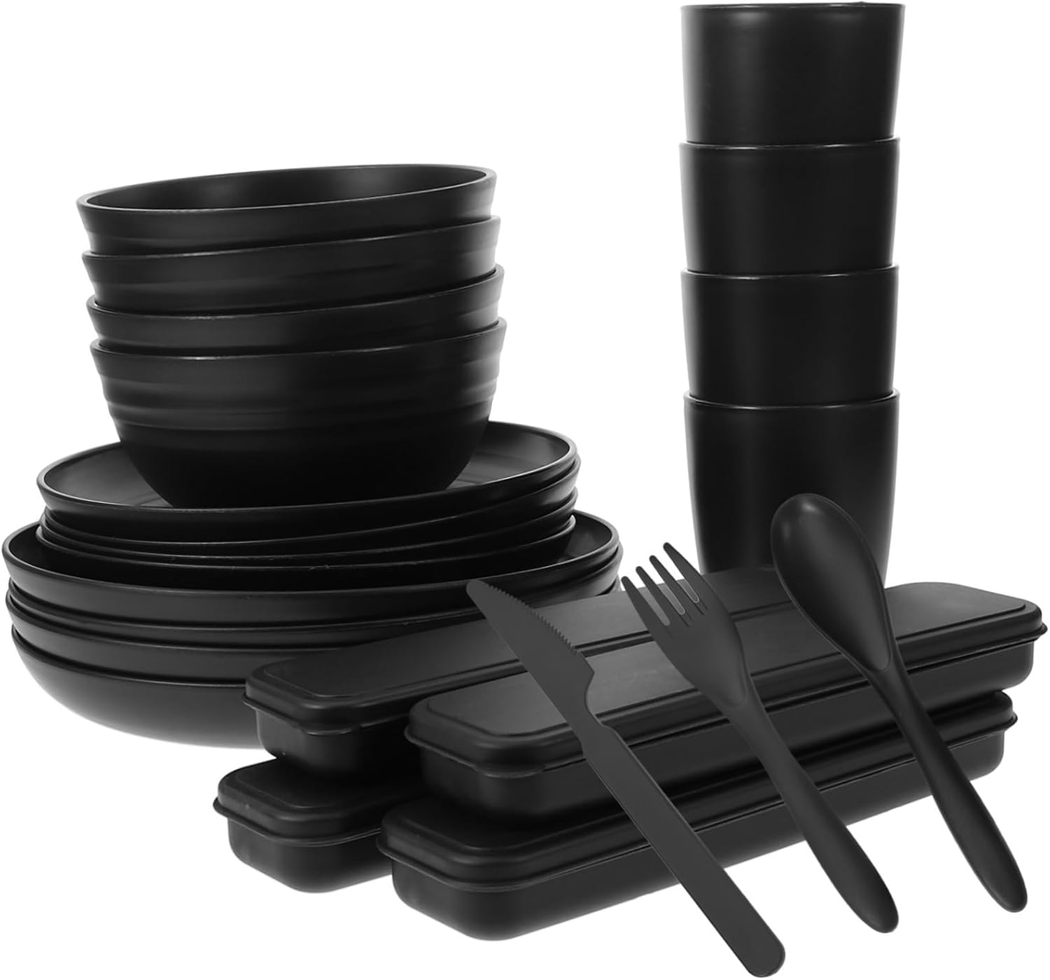 4sets Black Camping Picnic Utensil Bowl Plate Cup Cutlery Case Modern Portable Dinnerware for Outdoor