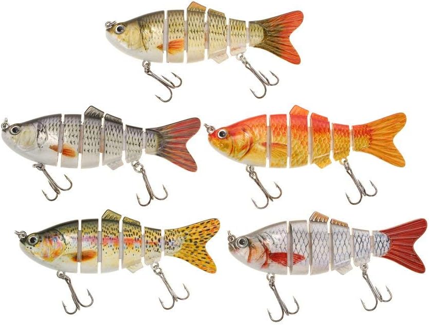 Lixada Fishing Lure Set 5PCS Multi Jointed Segment Swimbait Lifelike Hard Bait Crankbait Treble Hooks 3D Eyes Popper Crankbait Vibe Sinking Lure for Bass Trout Perch