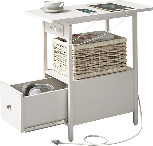 LIDYUK Mesa auxiliar con estación de carga, mesa auxiliar estrecha con cajón, puertos USB y tomas de corriente, mesita de noche para espacios