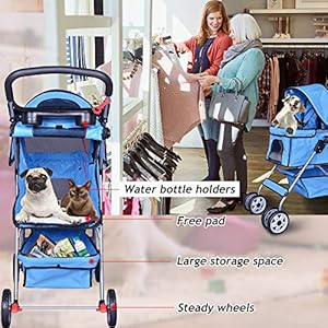   4-Wheels-Pet-Stroller-Cat-Dog-Cage-Stroller-Travel-Folding-Carrier-with-Cup-Holders-and-Removable-Liner-for-Small-Medium-Dog-Cat-Blue