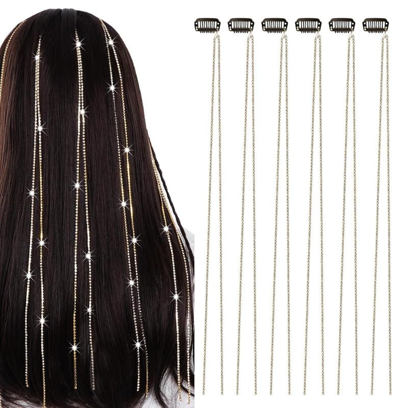 CHIROGRAPHY 6 Pcs Hair Jewelry for Braids Rhinestone Hair Chains with Clips Rave Hair Charms Accessories for Women Girls Festival Holiday Disco Hairstyle Decoration(Gold)