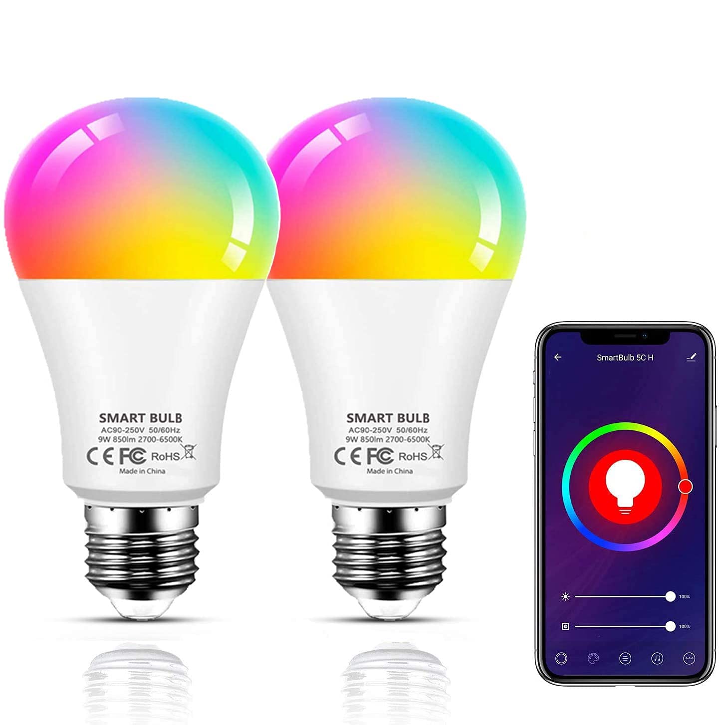 Tichondrius Smart Bulb, Smart Light Bulbs, 850Lm E27 9W Dimmable Wi-Fi Colour Changing Light RGB Bulbs, Work with Alexa, Remote Control, Voice Control, Garage Lights (2 Pack)