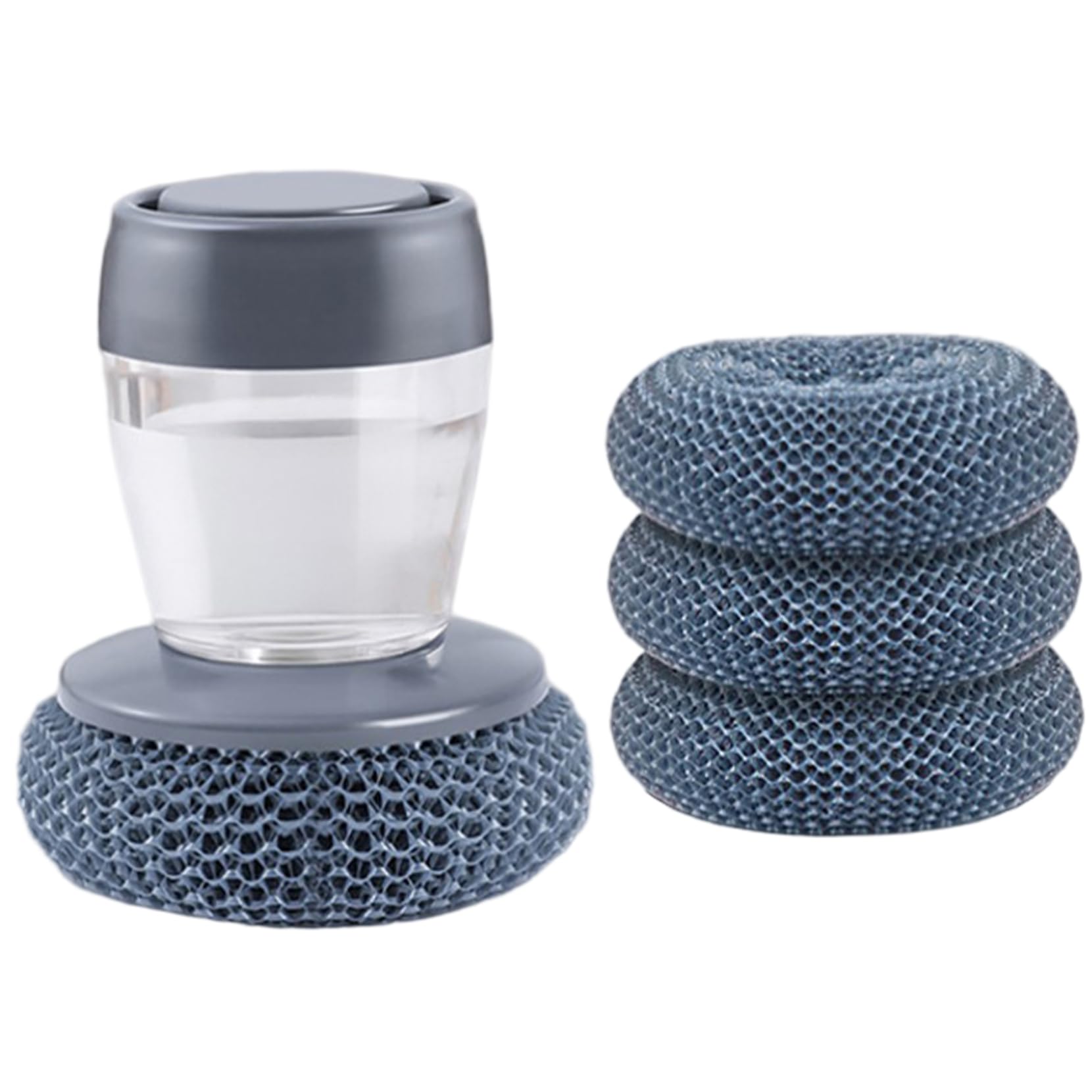 Hperu Dish Brush with Soap Dispenser Ergonomic Palm Scrubber for Pots, Pans Press-Type Kitchen Cleaning Tool (Blue/White)