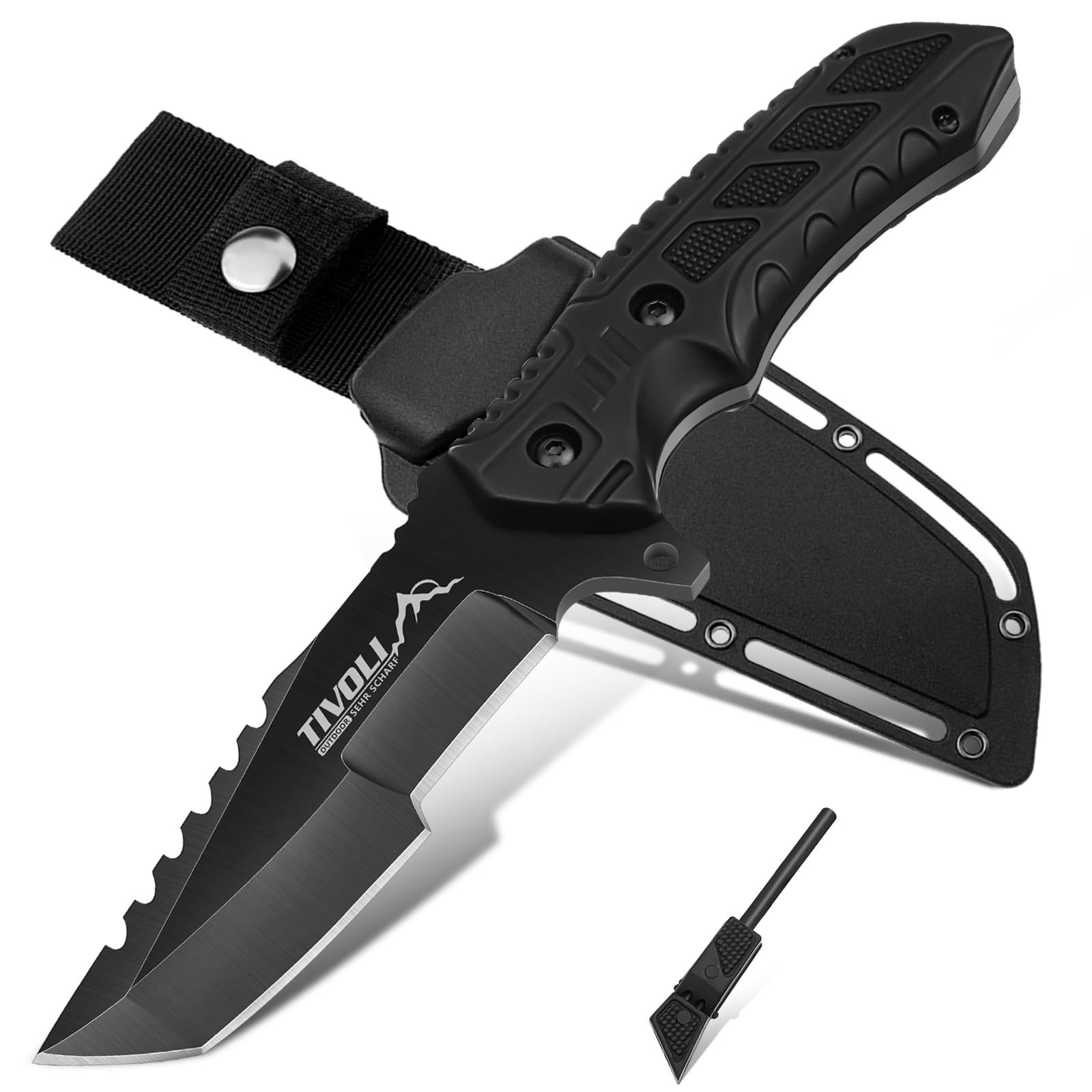 TIVOLI Coltello da Caccia con Fodera Kydex, Coltello di Sopravvivenza e Bushcraft in Acciaio Inossidabile, Lunghezza Lama 9,5 cm, per Attività Outdoor, Campeggio e Sopravvivenza