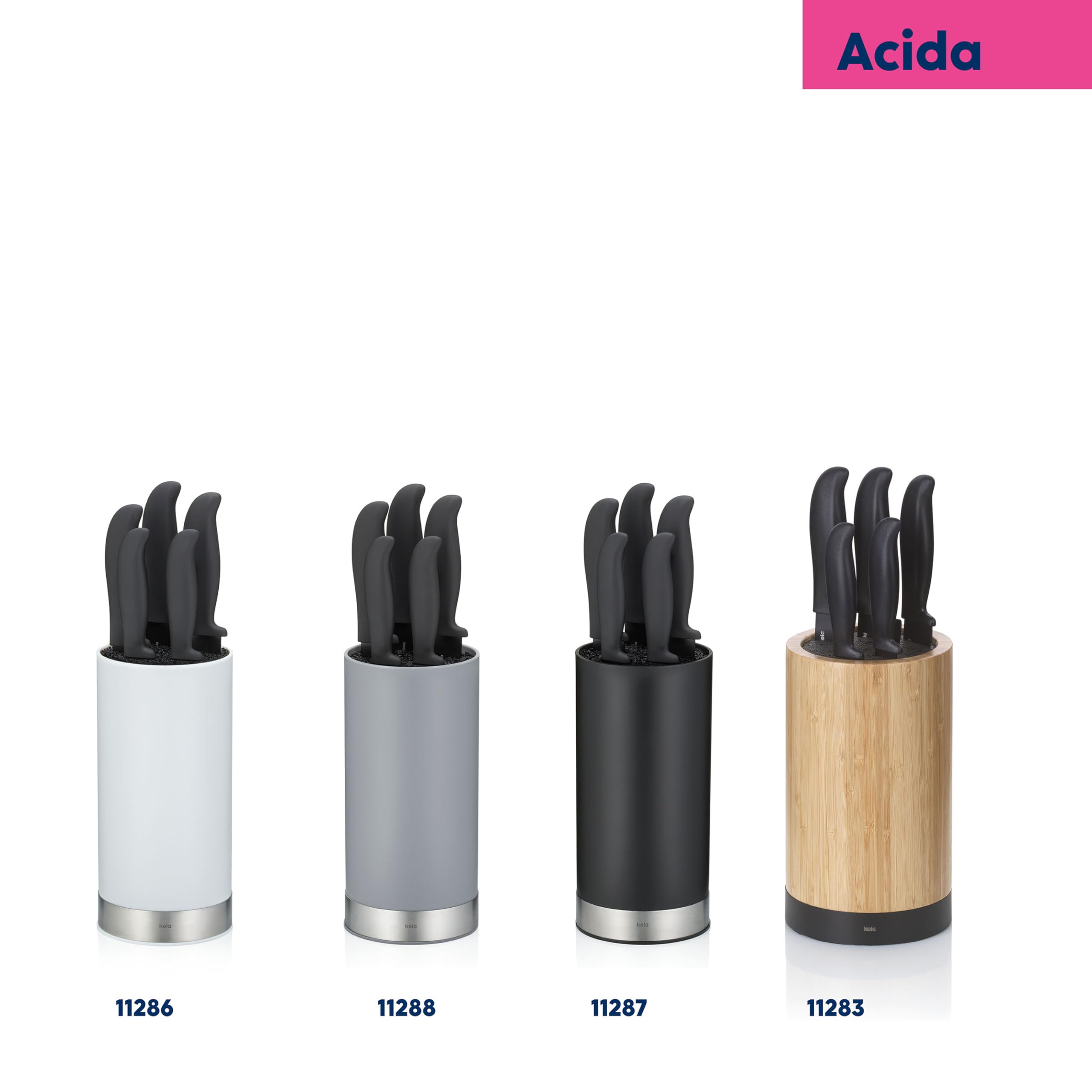 kela Bloque para cuchillos con juego de cuchillos ACIDA, 5 cuchillos, madera de bambú Soporte para cuchillos con inserto de cerdas, Ø 13 cm, negro
