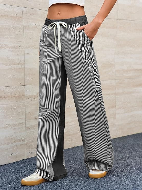 Women Drawstring Striped Pants Loose Wide Leg Casual Lounge Cropped Denim Pants Y2K Low Rise Baggy Barrel Jeans with Pockets3