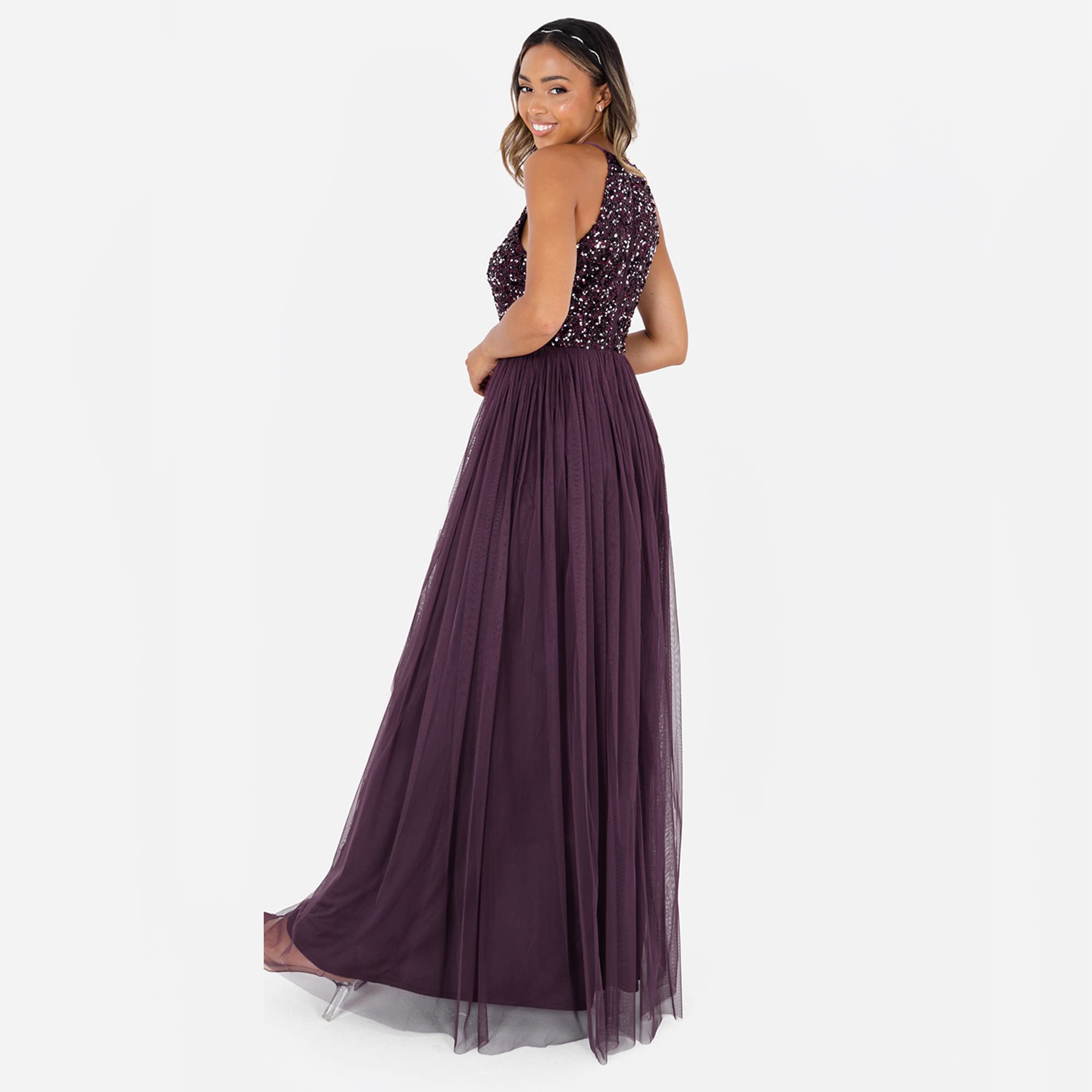Maya Deluxe Maya Soft Grey Embellished Halter Neck Maxi Dress Vestito per Damigella donore Donna