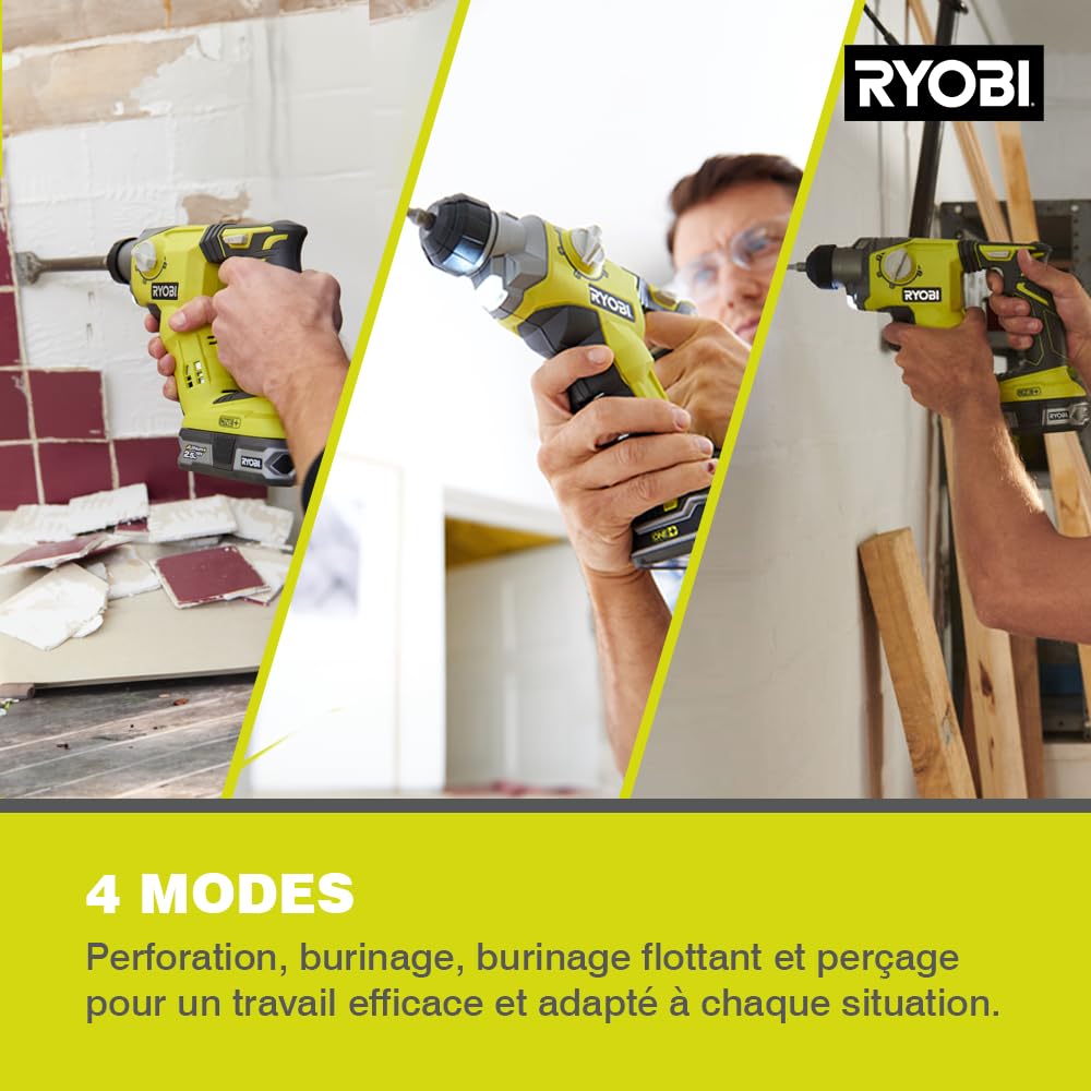 RYOBI - Perforateur SDS+ Sans Fil 18V ONE+ R18SDS-0 – 4 Modes, Mandrin SDS+, Perçage Béton, Brique, Mode Burineur – Batterie Non Incluse