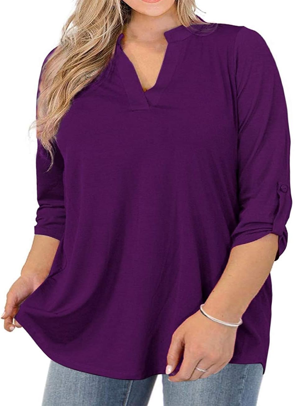 AMCLOS Womens Plus Size Tops V Neck Shirts Casual Blouses 3/4 Roll up Long Sleeve (Purple,3XL)