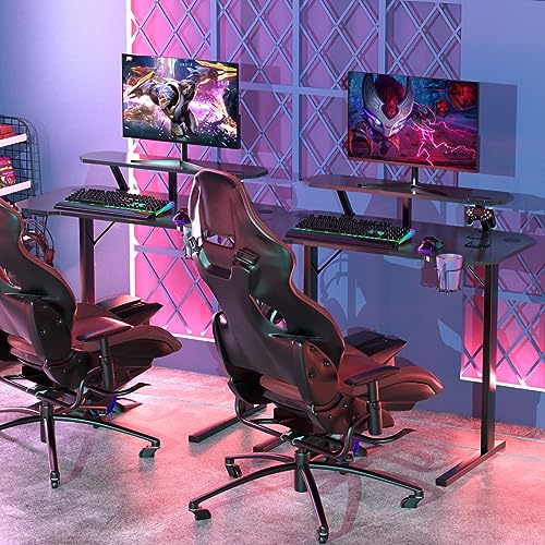 Bureau Gaming, Bureau Informatique pour Gaming PC Informatique, Table en Fibre de Carbone, 100 x 54 x 74 cm Noir Desk avec Porte Gobelet et Crochet pour Casque – Image 3