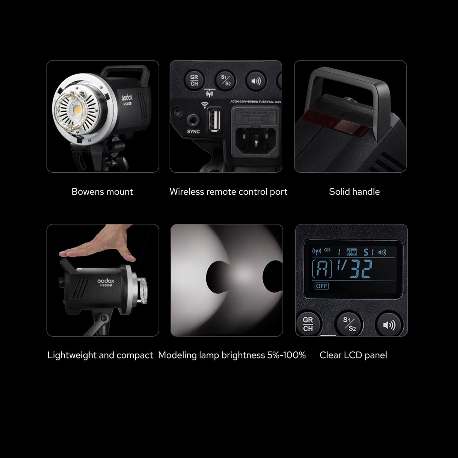 Godox MS300-V MS300V 300W Studio Strobe Flash, 5800K±200K, sistema wireless 2.4G, con lampada da modellazione a LED, tempo di riciclaggio 0.1~1.8S, Bowens Mount Monolight