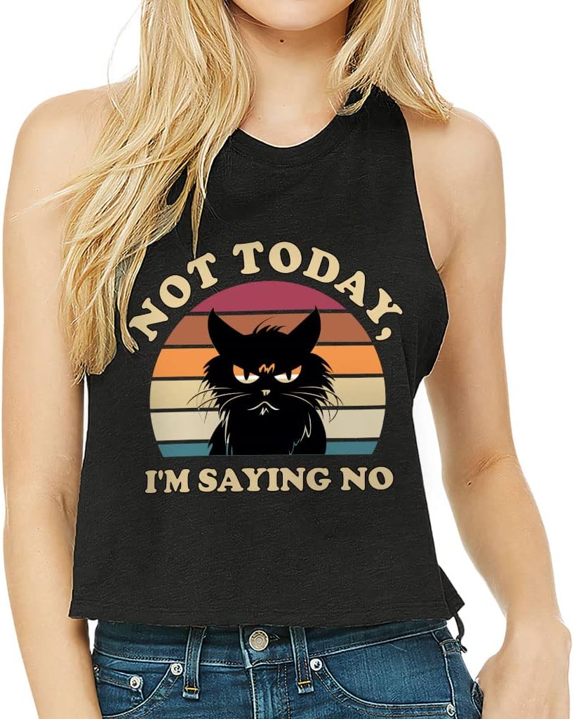 I'm Saying No Racerback Cropped Tank - Cat Design Women's Tank - Printed Tank Top - Black, M