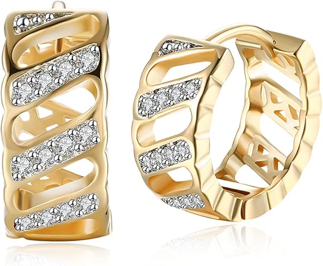 Hollow Geometric CZ Small Chunky Huggie Hoop Earrings for Women Teen Girls Sensitive Ear 14K Gold Plated Elegant Textured Wide Hoops Fashion Dainty Crystal Jewelry Gifts for Birthday Bff Wife Mom