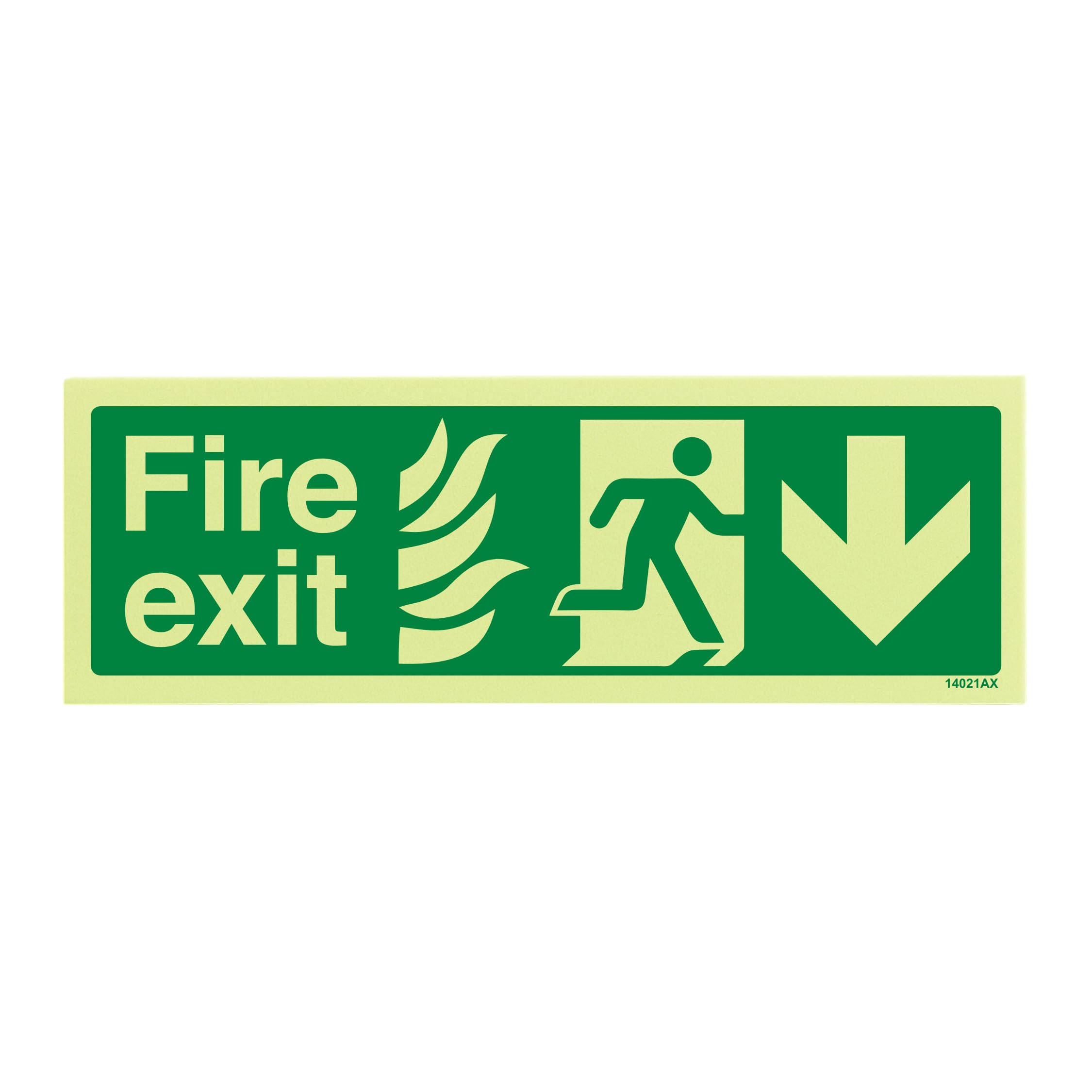 V Safety Glow In The Dark NHS Fire Exit Arrow Down Sign - 300mm x 100mm - Rigid Plastic