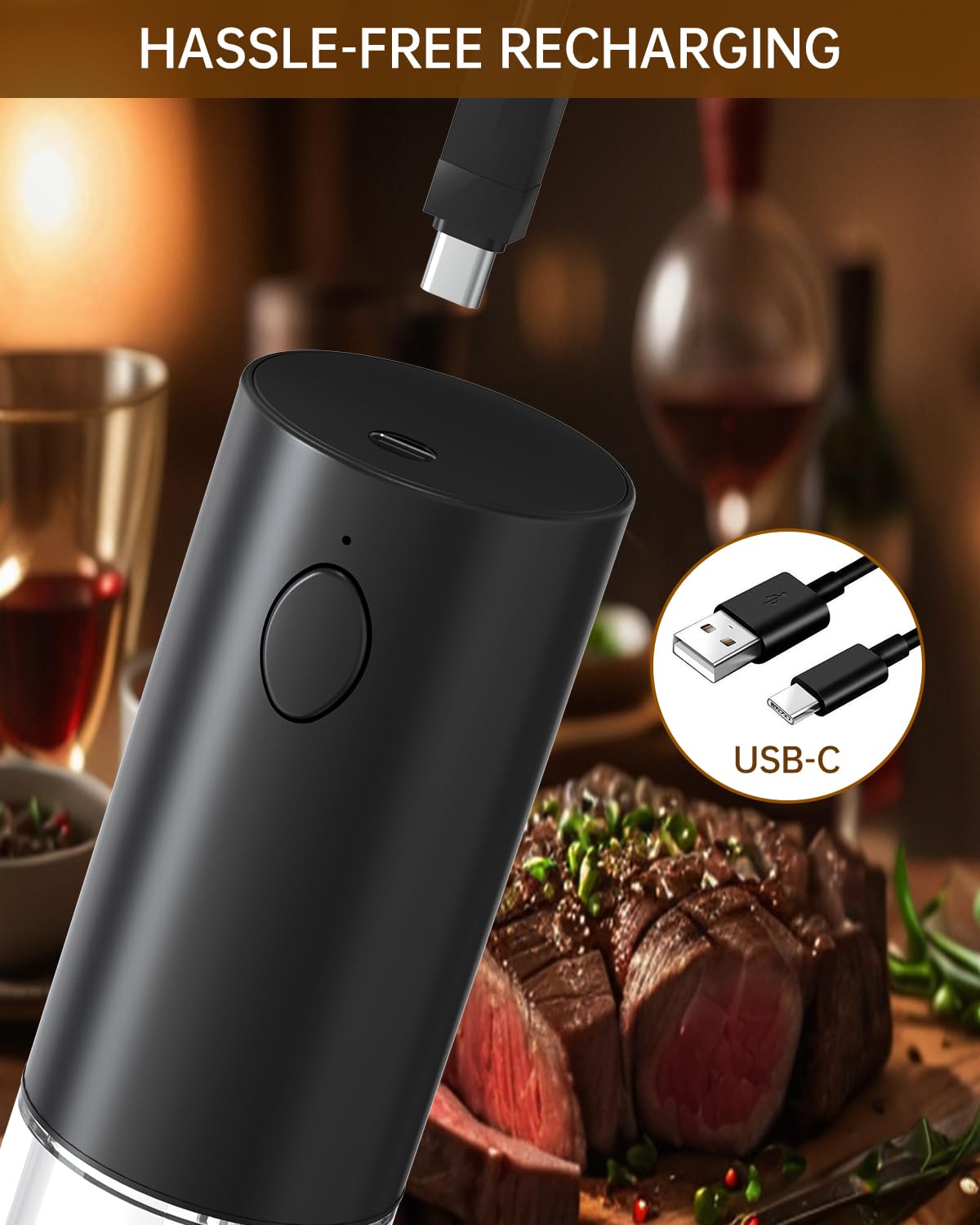 Molinillo de pimienta eléctrico recargable, molinillo de sal y pimienta con recipiente lavable de 3.2 fl oz, luz LED blanca y grosor ajustable externo, negro 3