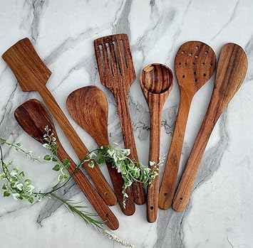 Natural Wooden Spoon Set for Cooking Includes Frying Serving Spatula Chapati Dessert Rice Spoons Wooden for Nonstick Cookware Kitchen Utensils and Cooking Spoon Set of 7-35.56 Cm