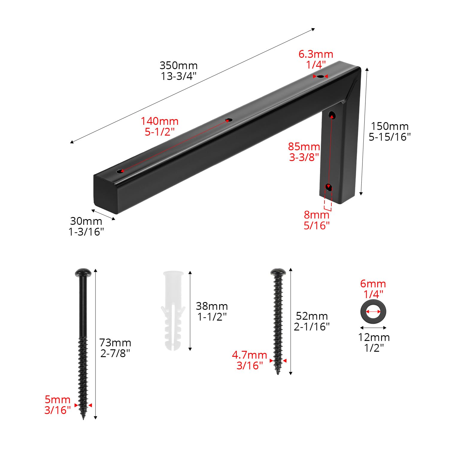 QWORK® 2x consola de metal resistente para lavabo, consola de pared angular de alta resistencia de 350 x 150 mm con material de fijación para lavabo y estante de pared - negro