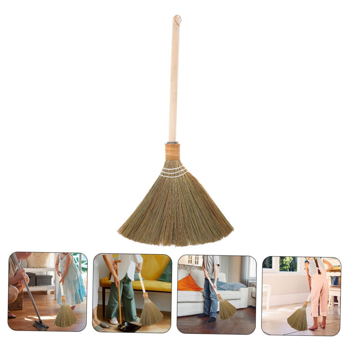 Healeved Escoba de maíz natural hecha a mano con mango de madera suave para patio, garaje y uso comercial, diseño tradicional vietnamita para limpieza de patio y jardín