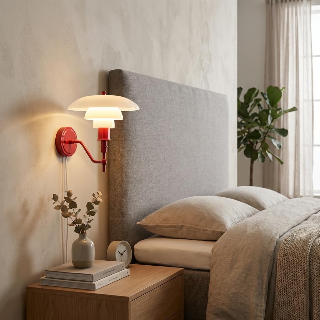 BARCELONA LED Aplique de pared "Marshal" moderno y clásico, lámpara de pared con pantalla de vidrio blanco y cuerpo rojo metálico, diseño elegante, minimalista y lujoso
