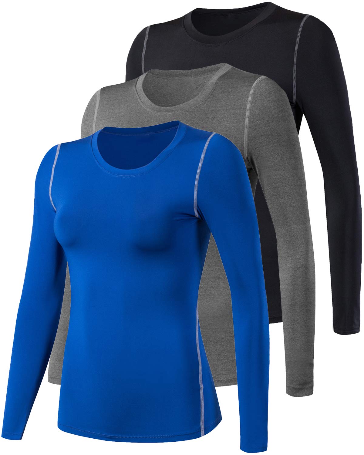 Lavento Women's 3 Pack Compression Shirts Long Sleeve Workout Shirts (X-Large,Black/Heather Gray/Blue)