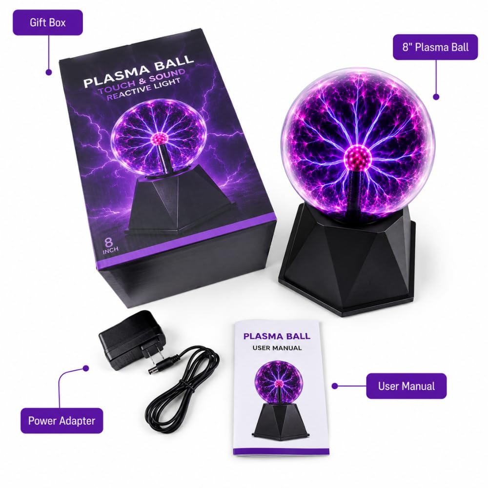 Tradeopia Sfera al plasma da 20,3 cm, elettricità statica, lampada al plasma, sensibile al tocco e al suono, palla elettrica plug-in, giocattolo per feste, decorazione per la casa (20,3 cm, viola)