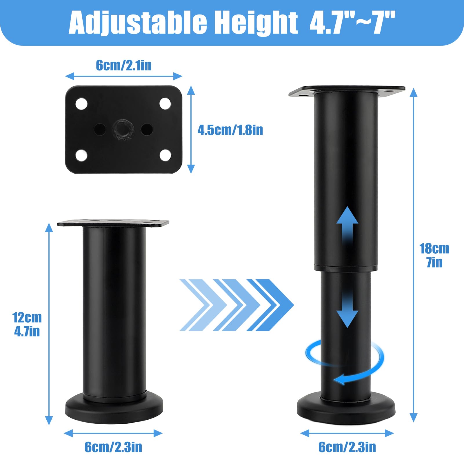 Yosoo Health Gear Adjustable Furniture Legs, Metal Cabinet Feet, 4pcs 300KG Load Capacity, Cold Rolled Steel for Bed Sofa - Image 2