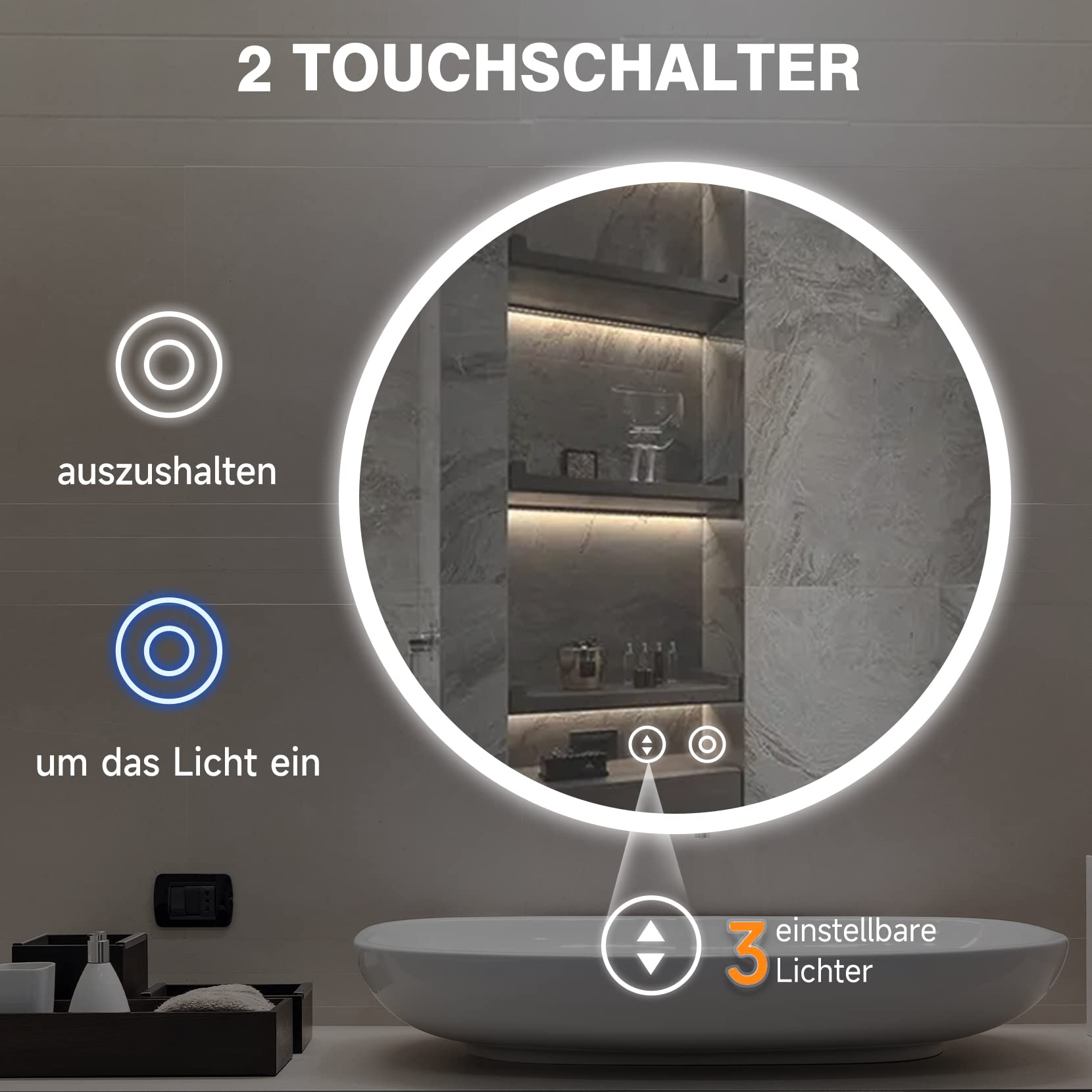 YOLEO Specchio Bagno Rotondo con Luce LED Orientabile in 3 Colori, 60 x 60 cm Specchio da Bagno con Interruttore Touch e Funzione Antiappannamento, 6400 K